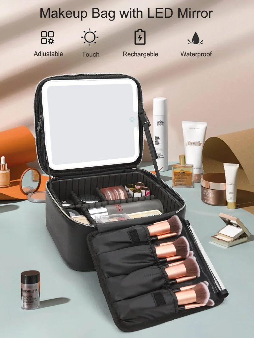 Makeup case with a built-in LED lighted mirror and adjustable dividers